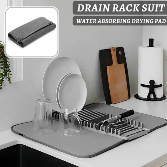 Multipurpose Dish Drying Mat with Plates Rack & Pot Lid Holder - Microfibre Absorbent Kitchen Mat
