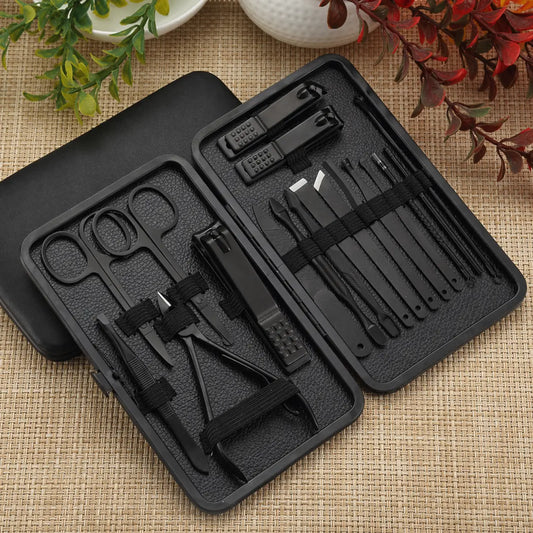 18-Piece Black Stainless Steel Manicure & Pedicure Set - Professional Nail Clipper Kit for Home Beauty Care