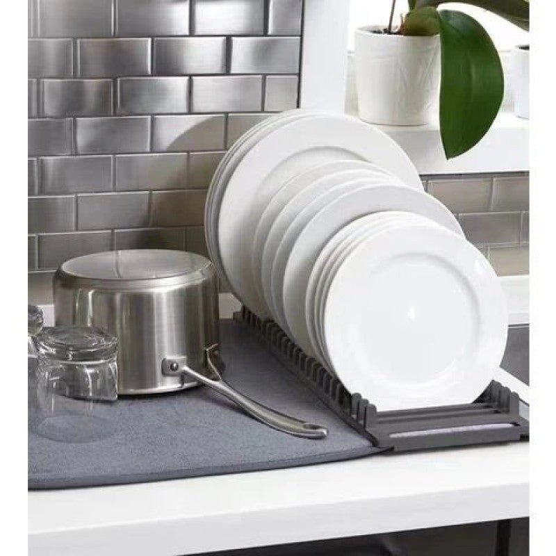 Multipurpose Dish Drying Mat with Plates Rack & Pot Lid Holder - Microfibre Absorbent Kitchen Mat