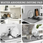Multipurpose Dish Drying Mat with Plates Rack & Pot Lid Holder - Microfibre Absorbent Kitchen Mat
