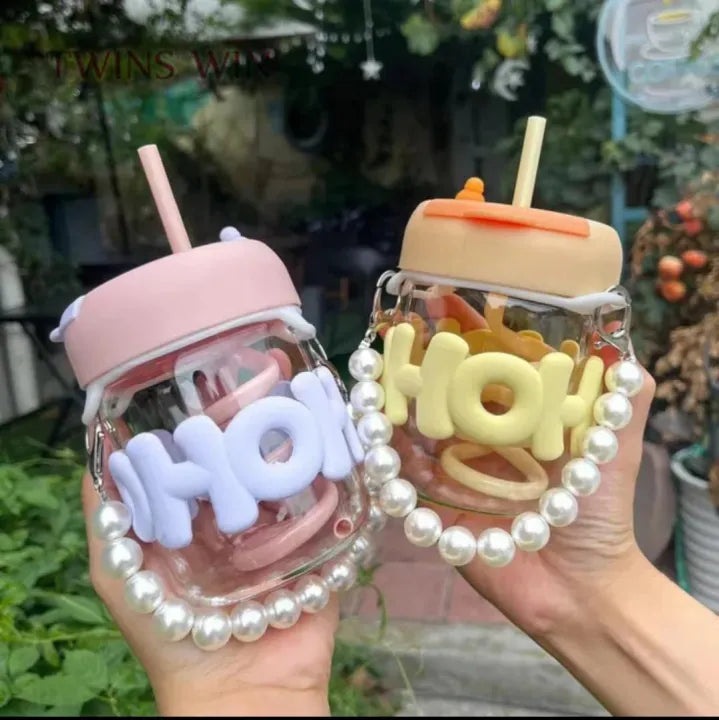 Cute Aesthetic Glass Tumbler with Straw & Handle Kawaii Drinking Cup with Lid