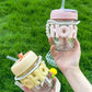 Cute Aesthetic Glass Tumbler with Straw & Handle Kawaii Drinking Cup with Lid