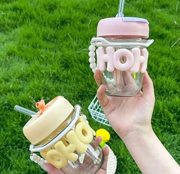 Cute Aesthetic Glass Tumbler with Straw & Handle Kawaii Drinking Cup with Lid