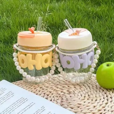 Cute Aesthetic Glass Tumbler with Straw & Handle Kawaii Drinking Cup with Lid