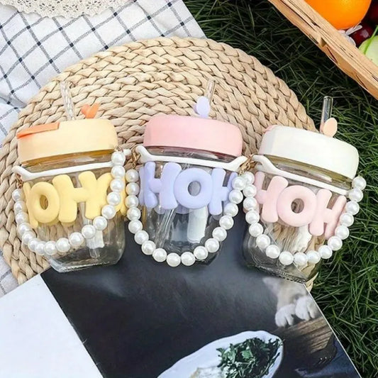 Cute Aesthetic Glass Tumbler with Straw & Handle Kawaii Drinking Cup with Lid