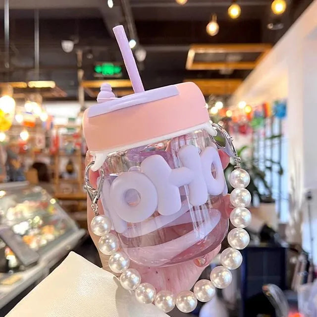 Cute Aesthetic Glass Tumbler with Straw & Handle Kawaii Drinking Cup with Lid