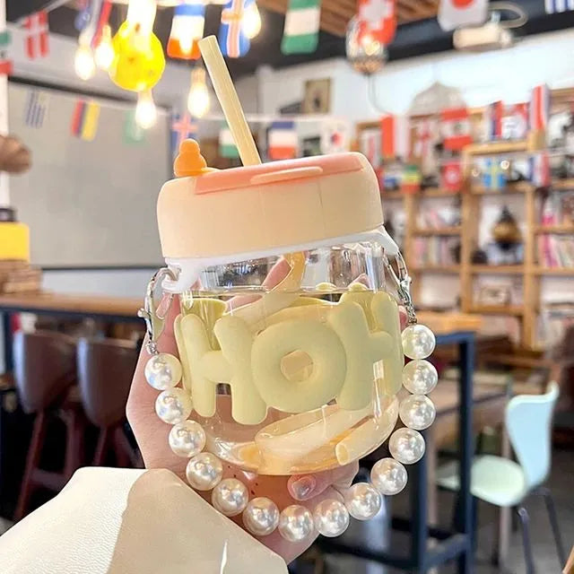 Cute Aesthetic Glass Tumbler with Straw & Handle Kawaii Drinking Cup with Lid
